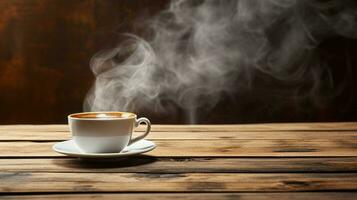 close up coffee cup on wooden table steam rising photo