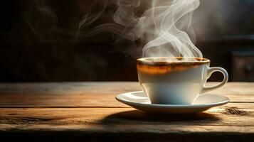 close up coffee cup on wooden table steam rising photo