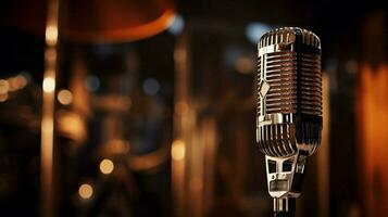 close up of a chrome condenser microphone on stage photo