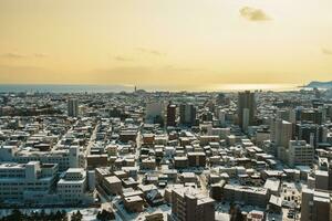 Beautiful landscape and cityscape from Goryokaku Tower with Snow in winter season. landmark and popular for attractions in Hokkaido, Japan.Travel and Vacation concept photo