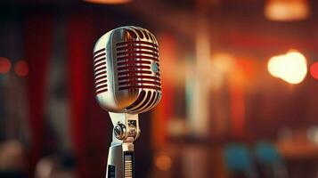 close up of a chrome condenser microphone on stage photo