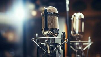 close up of a chrome condenser microphone on stage photo