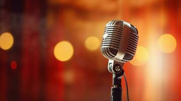 close up microphone on metallic stage background photo