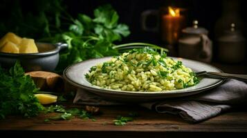 close up of a gourmet vegetarian risotto with fresh photo