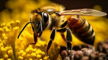 close up of a yellow honey bee pollinating photo