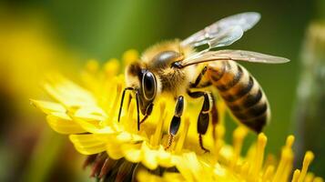 close up of a yellow honey bee pollinating photo