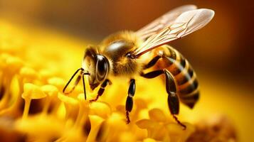 cerca arriba de un amarillo miel abeja polinizando foto