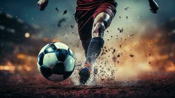 close up of determined soccer player kicking ball photo