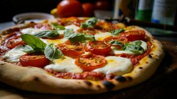 close up of homemade baked pizza with fresh mozzarella photo