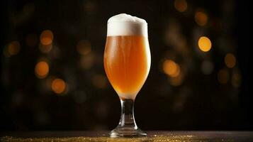 close up of frothy golden beer in glass photo