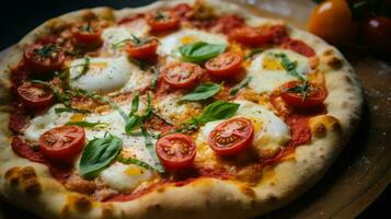 close up of homemade baked pizza with fresh mozzarella photo