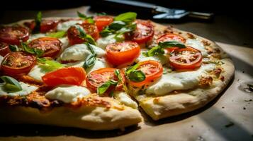 close up of homemade baked pizza with fresh mozzarella photo