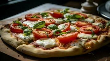 close up of homemade baked pizza with fresh mozzarella photo