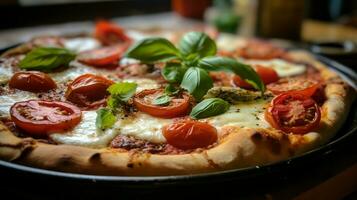 close up of homemade baked pizza with fresh mozzarella photo