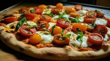 close up of homemade baked pizza with fresh mozzarella photo