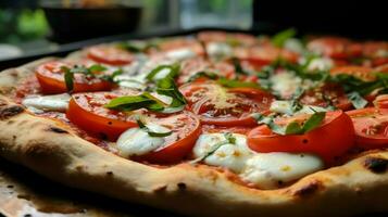 close up of homemade baked pizza with fresh mozzarella photo