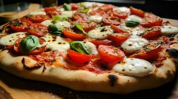 close up of homemade baked pizza with fresh mozzarella photo