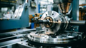 close up of metallic equipment part turning in factory photo