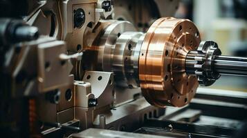 close up of metallic equipment part turning in factory photo