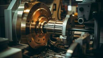 close up of metallic equipment part turning in factory photo