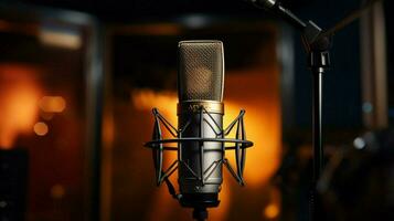 close up of metallic microphone in recording studio photo