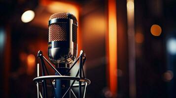 close up of metallic microphone in recording studio photo