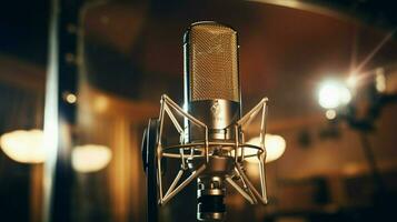 close up of metallic microphone in recording studio photo