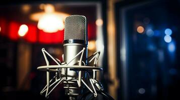 close up of metallic microphone in recording studio photo