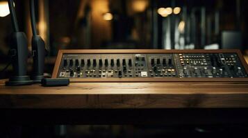 close up of modern equipment on wooden desk photo