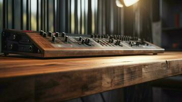 close up of modern equipment on wooden desk photo