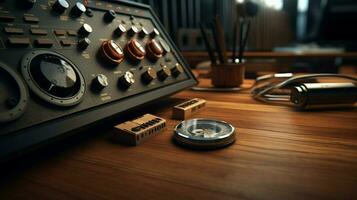 close up of modern equipment on wooden desk photo