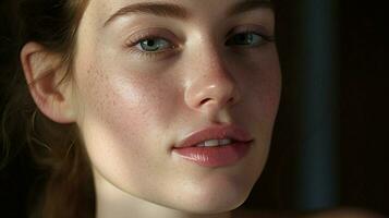 close up portrait of a caucasian woman with a pimple photo