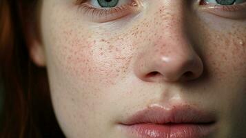 close up portrait of a caucasian woman with a pimple photo