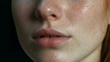 close up portrait of a caucasian woman with a pimple photo