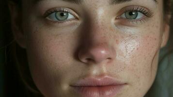 close up portrait of a caucasian woman with a pimple photo