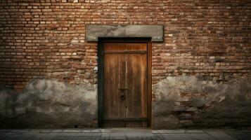 closed wooden door with brick wall and metal handle photo