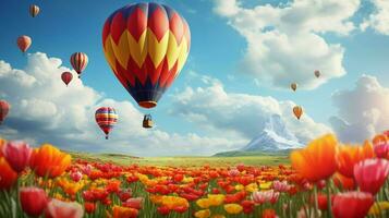 colorful hot air balloon flies over bright flowers photo