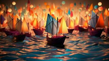 vistoso papel barcos vela hacia éxito en imaginativo foto