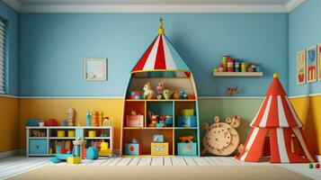 colorful playroom with toys and educational materials photo