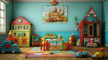 colorful playroom with toys and educational materials photo