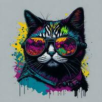 vistoso pintada de un gracioso gato vistiendo un camisa y Gafas de sol. imprimible diseño para camiseta foto