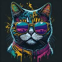 vistoso pintada de un gracioso gato vistiendo un camisa y Gafas de sol. imprimible diseño para camiseta foto