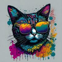 vistoso pintada de un gracioso gato vistiendo un camisa y Gafas de sol. imprimible diseño para camiseta foto