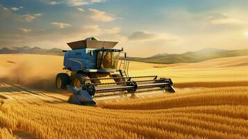 combine harvester working in a wheat field rural scene photo