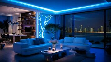 comfortable modern living room illuminated by blue light photo