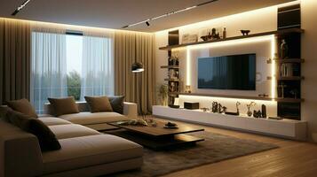 cómodo moderno vivo habitación con elegante Encendiendo foto