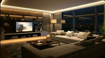 comfortable modern living room with elegant lighting photo