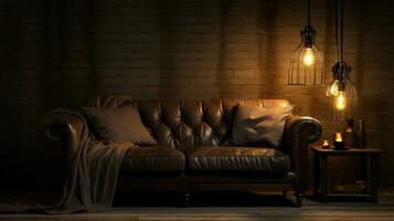 comfortable sofa illuminated by rustic electric lamp photo