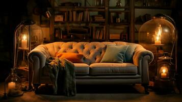 comfortable sofa illuminated by rustic electric lamp photo