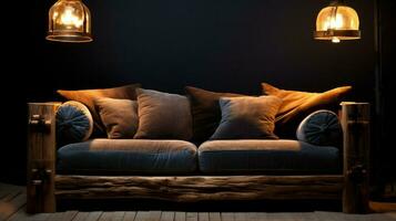 comfortable sofa illuminated by rustic electric lamp photo